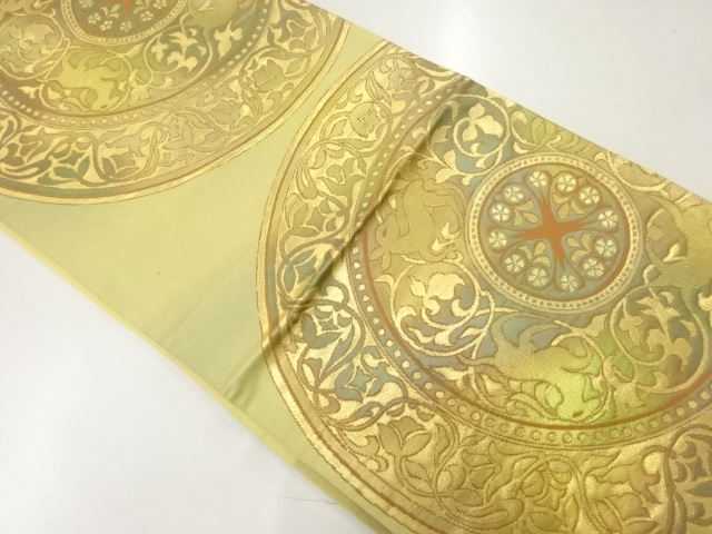 アンティーク　絵皿に動物・花唐草模様織出し袋帯（材料）